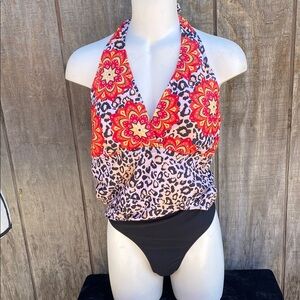 Woman’s XL New Floral Animal Print Halter Tankini Black Hi Waisted Bottoms